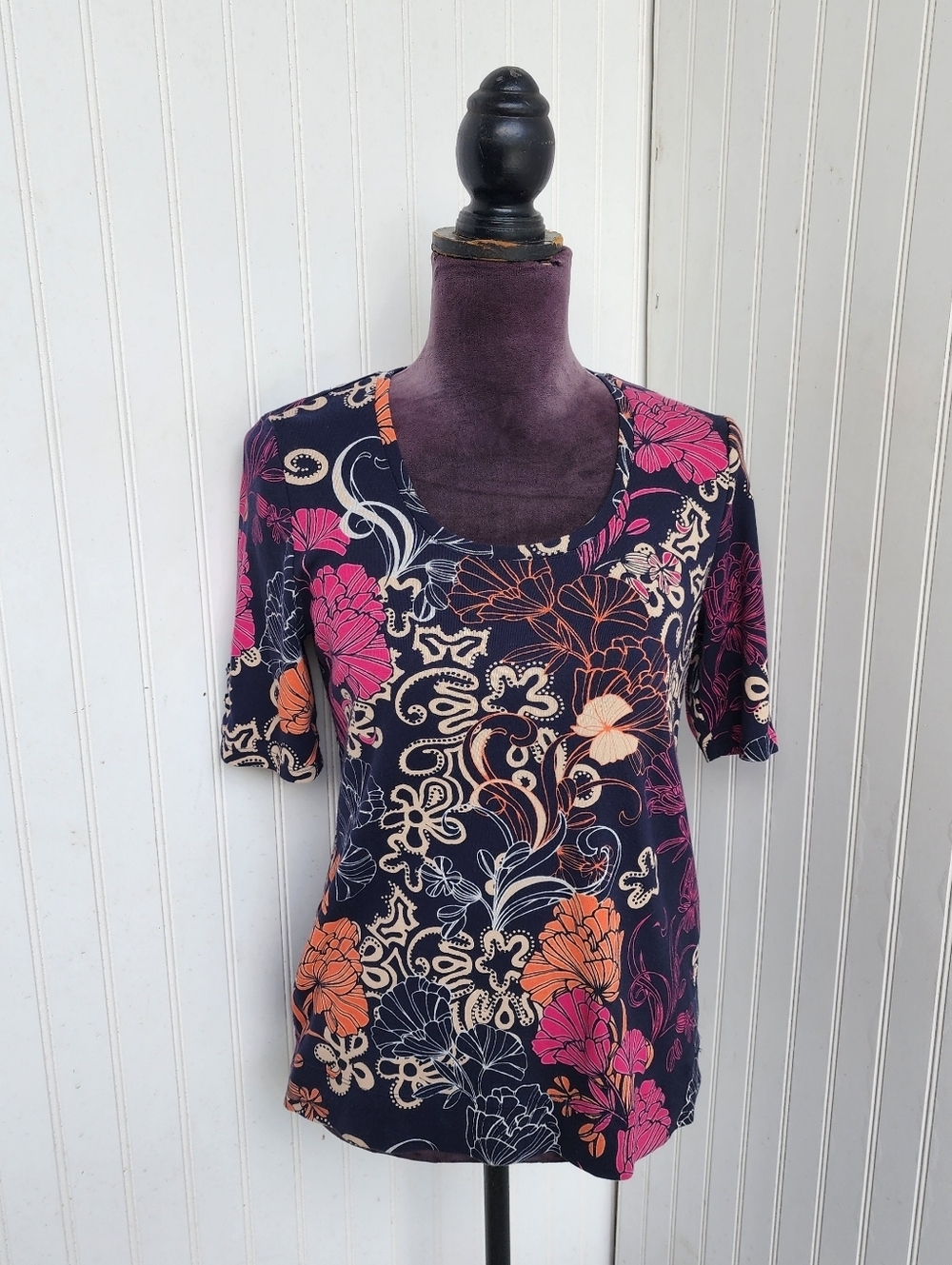 Chico's 0 T-Shirt Women Navy Blue Pink Tropical Flora Cotton Elbow Sleeve Top S
